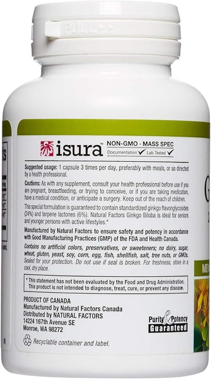 HerbalFactors by Natural Factors, Ginkgo Biloba, Supports Memory, Mental Performance and Healthy Brain Function, 60 capsules (60 servings)