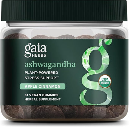 Gaia Herbs Organic Ashwagandha Gummies, Stress Support, Cinnamon, Ginger, Gluten Free, Vegan, 81 Count