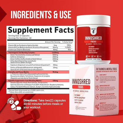 Inno Shred Focus Day Time Fat Burner, 100mg Capsimax, Grains of Paradise, Organic Caffeine, Green Tea Extract, Appetite Suppressant, Weight Loss Support, 60 Veggie Capsules (60 Capsules, with Focus)