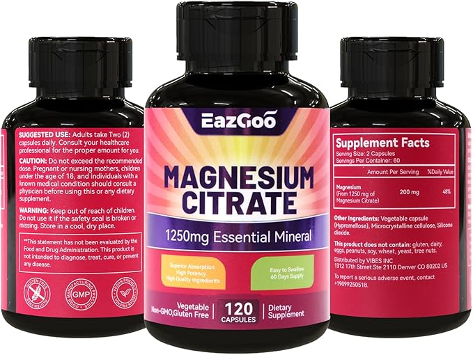 Magnesium Citrate Capsules 1250mg, High Absorption Magnesium Citrate Supplement with Elemental Magnesium, Extra Strength Magnesium Supplement, Non-GMO, Gluten-Free, 120 Vegetable Capsules