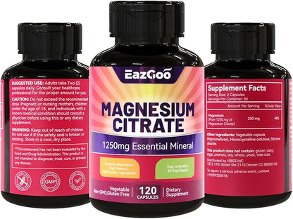 Magnesium Citrate Capsules 1250mg, High Absorption Magnesium Citrate Supplement with Elemental Magnesium, Extra Strength Magnesium Supplement, Non-GMO, Gluten-Free, 120 Vegetable Capsules