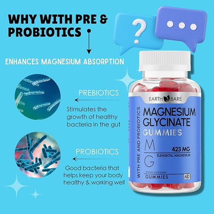 Magnesium Glycinate Gummies - High Potency Magnesium Supplement with Maximum 423mg of Elemental Magnesium, Pre and Probiotics | Magnesium Bisglycinate for Superior Health Support | 60 Count