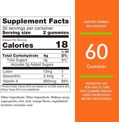 Nature's Key Lutein Gummies 12mg with Zeaxanthin & Vitamin A for Kids and Adults | Eye Health and Brain Function Supplement | Orange Flavor, 60Ct