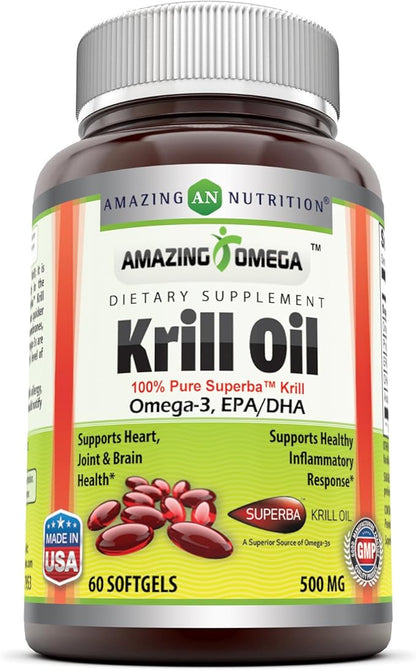 Amazing Omega Superba Krill Oil 1000 Mg Per Serving 60 Softgels (Non-GMO,Gluten Free) - Omega 3 Fatty Acids with 120 mg EPA & 56 mg DHA