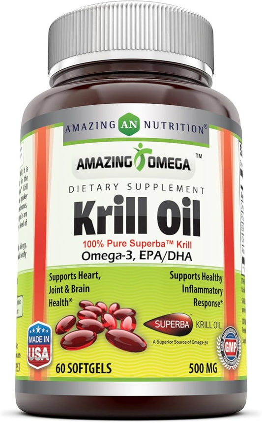 Amazing Omega Superba Krill Oil 1000 Mg Per Serving 60 Softgels (Non-GMO,Gluten Free) - Omega 3 Fatty Acids with 120 mg EPA & 56 mg DHA