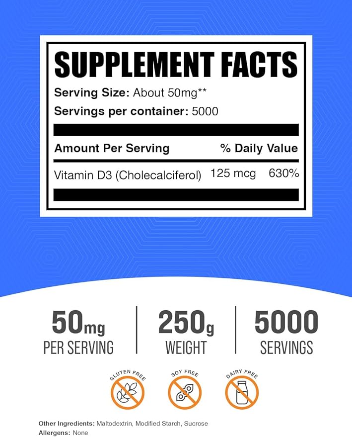 BulkSupplements.com Vitamin D3 Powder - Cholecalciferol, Vitamin D Supplements, 5000 IU - Gluten Free, 50mg (125mcg of Vitamin D3) per Serving, 250g (8.8 oz) (Pack of 1)