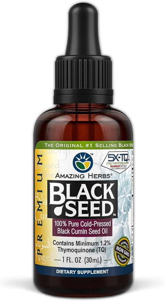 Amazing Herbs Premium Black Seed Oil - Gluten Free, Non GMO, Cold Pressed Nigella Sativa Aids in Digestive Health, Immune Support, Brain Function, Joint Mobility - 1 Fl Oz
