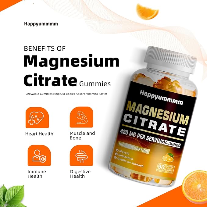 Magnesium Citrate Gummies 420mg per Serving - 180 Orange Gummies - Promotes Healthy Relaxation, Muscle, Bone, & Energy Support (2 Pack).