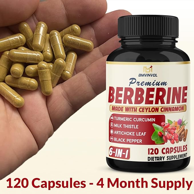 BMVINVOL 6in1 Berberine Supplement with Ceylon Cinnamon, Tumeric Root, Milk Thistle, Artichoke, Black Pepper -120 Capsules for 4 Month Supply