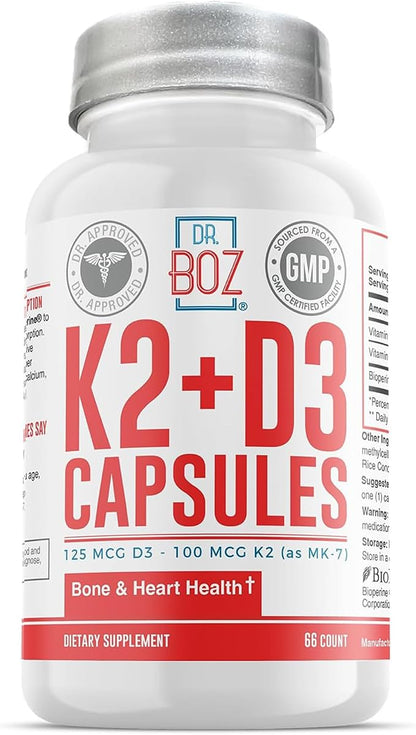 Dr. Boz - K2+D3 Capsules, 66 Servings - Vitamin D3 K2 Supplement with BioPerine - Bone & Heart Health - Enhanced Absorption - Quality Tested - Made in The USA - 5000iu (D3) - 400iu (K2) - Self Care