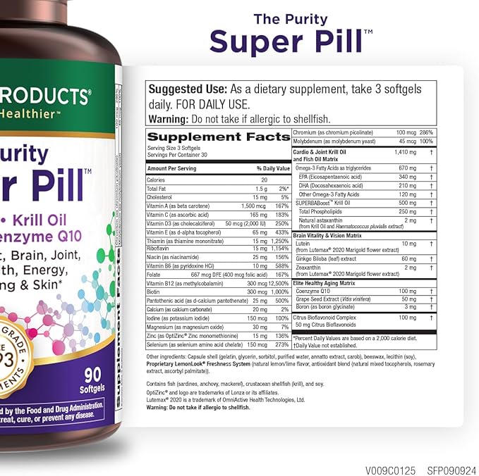Purity Products Purity Super Pill Elite Multi + Krill Oil + Fish Oil - Vitamins + Minerals, CoQ10, Lutein - 6 Advanced Formulas in 1 Supports Healthy Brain, Joints, Heart + More - 90 Mini Softgels