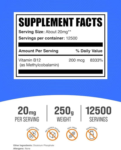 BulkSupplements.com Vitamin B12 Methylcobalamin Powder - 1% B12 Methylcobalamin, Essential B Vitamin - B12 Supplement, Gluten Free, 20mg per Serving, 250g (8.8 oz) (Pack of 1)