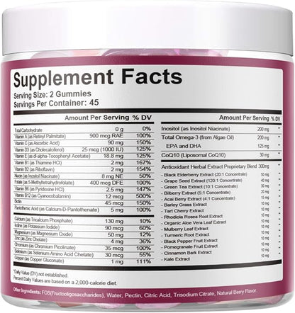 Women Multivitamins Gummy, Omega-3, Inositol, CoQ10, Vitamins A, C, D3, E, B12, Sugar Free, Adults Multivitamin for Heart, Brain Health, Berry Flavor