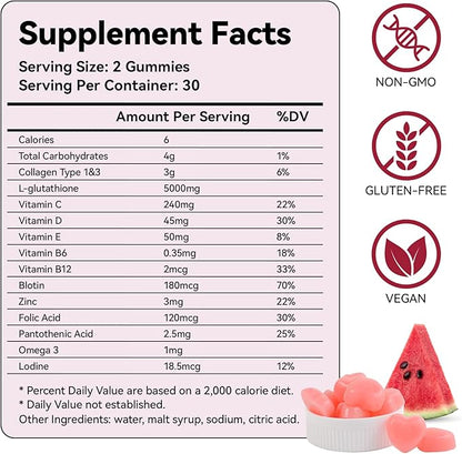Glow Gummies for Women Skin Care and Health, 60 Count, Watermelon Flavor Collagen Glowing Skin Gummies for Skin Brightening, Organic Chewable Gummies Vitamins, Vegan, Gluten-Free