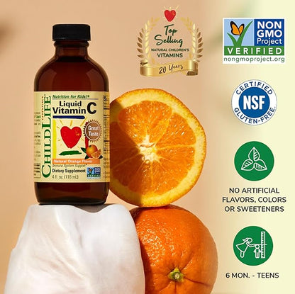 CHILDLIFE ESSENTIALS Liquid Vitamin C - Vitamin C Liquid for Kids, Toddlers, & Babies, Pure Vitamin C Supplement, Immune System Support, Natural Orange Flavor, 4 Fl Oz (Pack of 1)