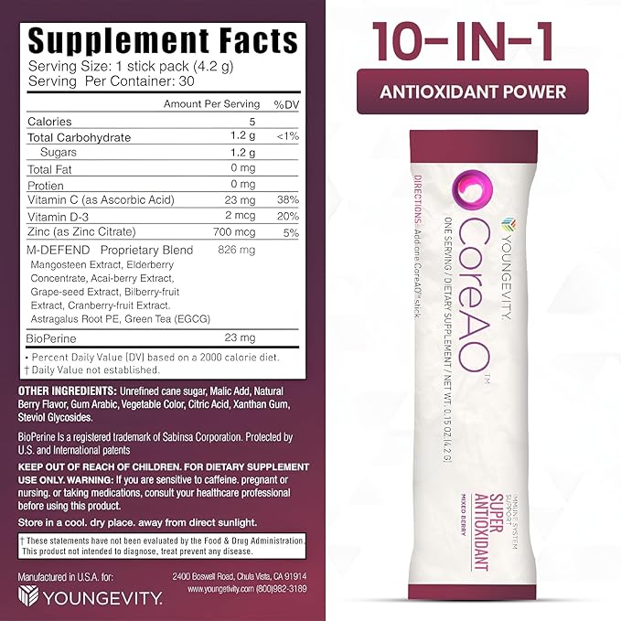 CoreAO Super Antioxidant Immune Support Drink Mix Plus Gift – Ultra Antioxidant Blend with Mangosteen, Grape Seed, Green Tea, Acai, Bilberry & L-Arginine – 30-60 Servings