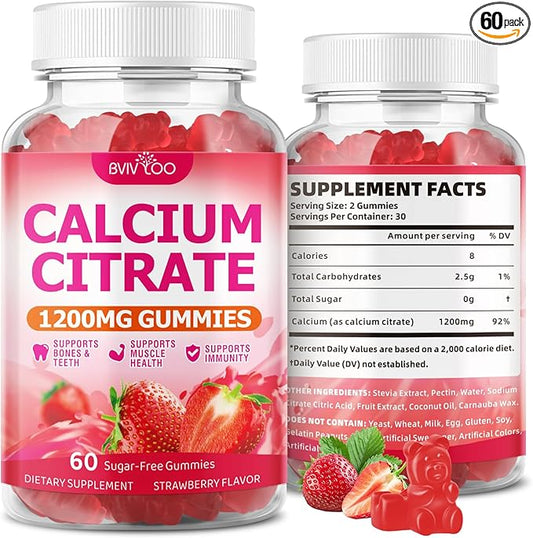 High Absorption Calcium Citrate Gummies 1200mg - Bone & Teeth Support for Adults & Kids, Vegan Sugar-Free Gummies, Raspberry Flavor, 60 Count