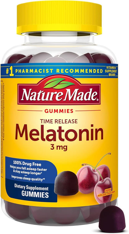 Nature Made Time Release Melatonin 3mg Gummies, 100% Drug Free Sleep Aid for Adults, 60 Melatonin Gummies, 60 Day Supply