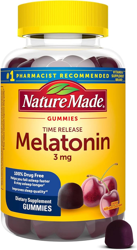 Nature Made Time Release Melatonin 3mg Gummies, 100% Drug Free Sleep Aid for Adults, 60 Melatonin Gummies, 60 Day Supply