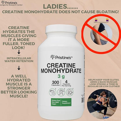PRISTINE'S Creatine Monohydrate Capsules for Women & Men - No Bloat 75 Day Supply 3G Muscle Growth Support Supplement - Cognitive & Athletic Performance Support - Enhanced Recovery