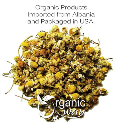 Organic Way Chamomile Flower Whole (Matricaria chamomilla) - Herbal Tea | European Wild-Harvest | Kosher & USDA Certified | Vegan, Non-GMO & Gluten Free | 100% Raw from Albania (1/2LBS / 8Oz.)
