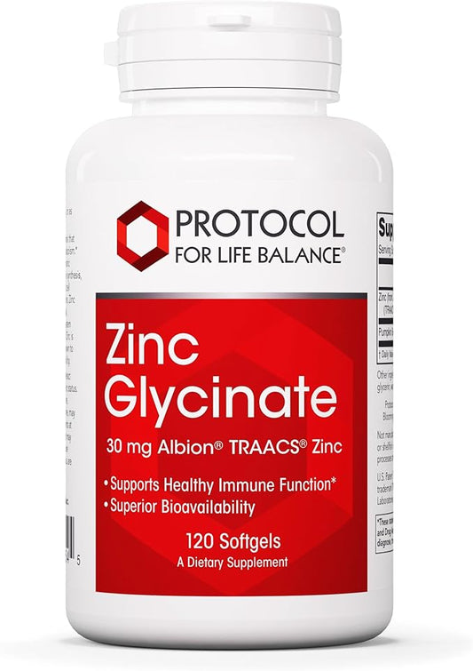 Protocol Zinc Glycinate 30mg - with Albion Traacs Zinc - Zinc Glycinate Supplement - Immune System Support* - Keto Friendly & Dairy Free - 120 Softgels