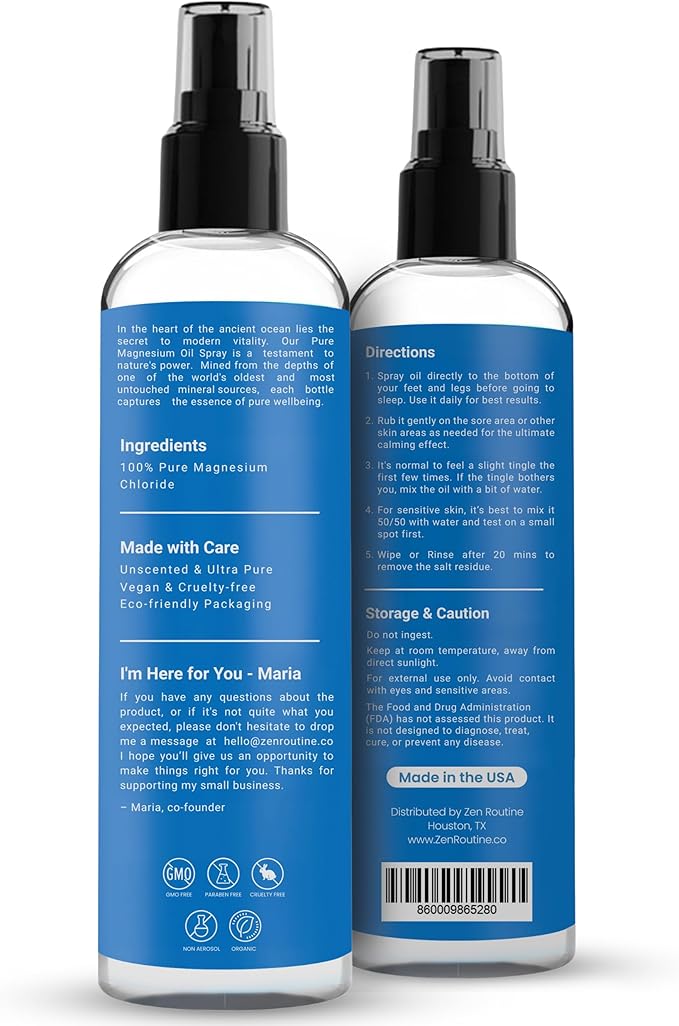 Pure Organic Magnesium Oil Spray | Fast Absorbent | Made in USA 8 fl oz/237ml (4 Pack)