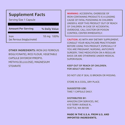 Amazon Elements Iron 18mg Capsules, Supports Red Blood Cell Production, Vegan, 195 Count, 6 Month Supply (Packaging May Vary) (Pack of 2)