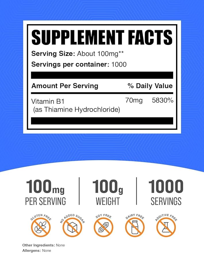 BulkSupplements Thiamine HCl Powder - Thiamine Hydrochloride, B1 Vitamins, Thiamine B1 Supplement, Thiamine 100mg - Gluten Free, 100mg per Serving, 100g (3.5 oz) (Pack of 1)