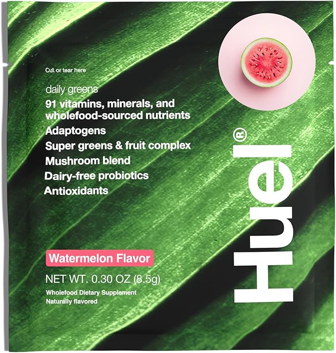 Huel Daily Greens Single Serve Watermelon| Superfood Greens Powder | 91 Vitamins, Minerals, and Wholefood-Sourced Ingredients | Adaptogens, Antioxidants, Gut-Friendly Probiotics | 12 Pack