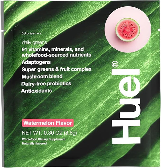 Huel Daily Greens Single Serve Watermelon| Superfood Greens Powder | 91 Vitamins, Minerals, and Wholefood-Sourced Ingredients | Adaptogens, Antioxidants, Gut-Friendly Probiotics | 12 Pack