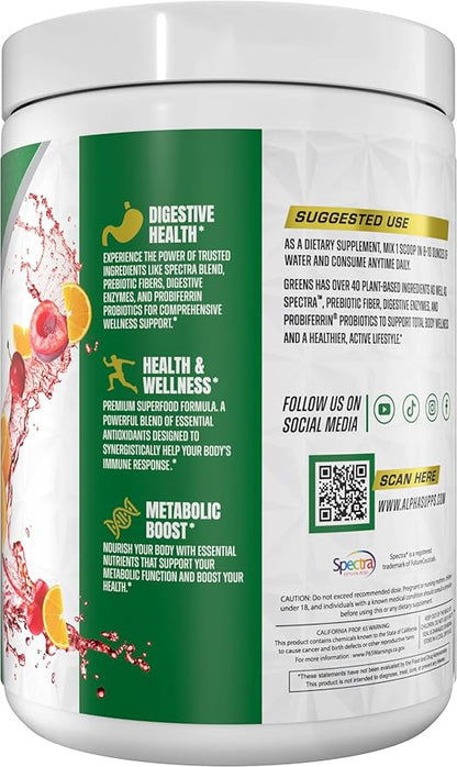 Alpha Greens Supplement | Fruit & Vegetable Superfood Powder | Over 40 Natural Plant Based Ingredients | Prebiotic & Probiotic Digestive Support Blend - 30 Servings (Orange Cherry)