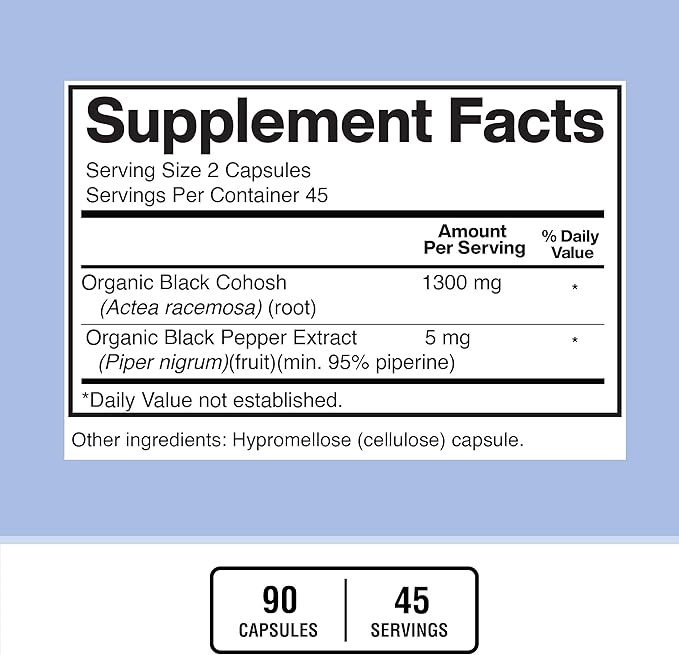 American Standard Supplements Black Cohosh 1300mg Per Serving with Black Pepper Fruit Extract - Vegan, Gluten Free, Non-GMO, 90 Capsules, 45 Servings