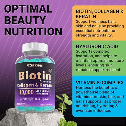 Sugar Free Biotin Gummies, Biotin Collagen Gummy with Keratin for Hair Skin Nails, Biotin Supplement for Women & Men