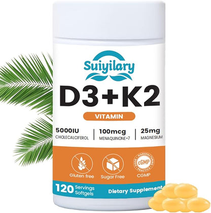 Vitamin D3 K2 Supplement with Vitamin D3 5000 IU, 100 mcg Vitamin K2, Plant Based 2-1 Formula for Bone, Teeth, Muscle and Immune Health Support,120 Softgel Capsules