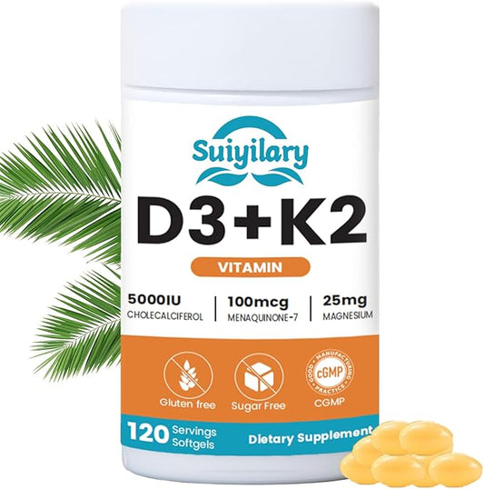Vitamin D3 K2 Supplement with Vitamin D3 5000 IU, 100 mcg Vitamin K2, Plant Based 2-1 Formula for Bone, Teeth, Muscle and Immune Health Support,120 Softgel Capsules