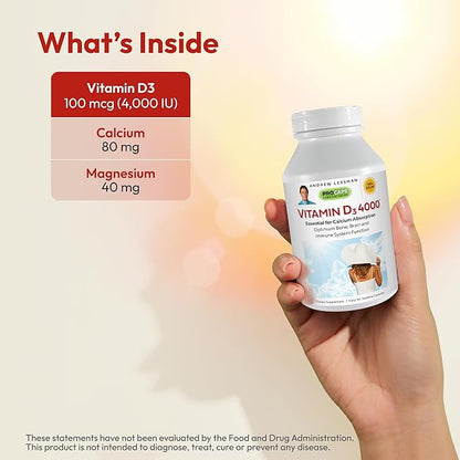 ANDREW LESSMAN Vitamin D3 4000 IU 60 Capsules - High Potency, Essential for Calcium Absorption, Supports Bone Health, Healthy Muscle Function, Immune System, More. Small Easy to Swallow Capsules