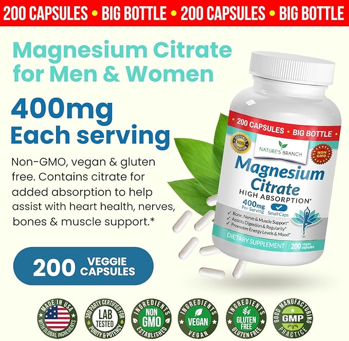 Magnesium Citrate 400mg - 200 Capsules - High Potency for Sleep, Leg Cramps, Extra Strength Absorption, Easy to Swallow Pills for Women & Men, Vegan Supplement Not Tablets - Made in USA
