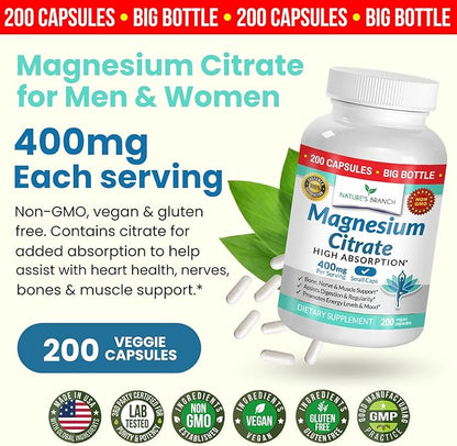 Magnesium Citrate 400mg - 200 Capsules - High Potency for Sleep, Leg Cramps, Extra Strength Absorption, Easy to Swallow Pills for Women & Men, Vegan Supplement Not Tablets - Made in USA