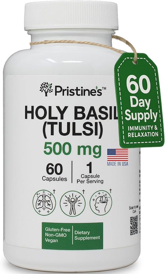 PRISTINE'S Holy Basil (Tulsi) 500 mg Relaxation & Immunity Support Adaptogen Supplement - 60 Day Supply - Holy Basil Leaf Capsules - Vegan - Non-GMO - Gluten Free Supplements