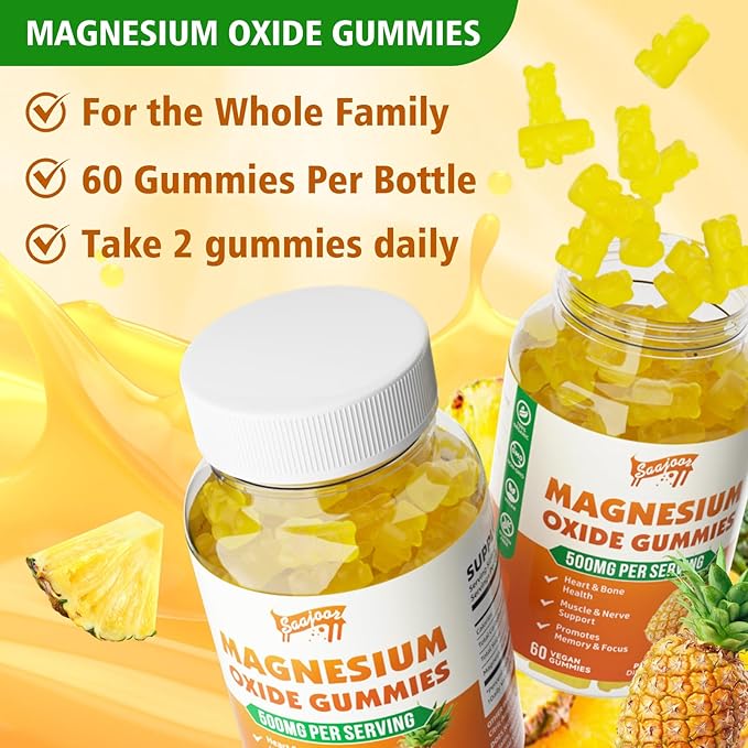 Magnesium Oxide 500mg Gummies for Adults & Kids, Supports Nerve Muscle & Bone Health, Vegan Non-GMO Dietary Supplement with Pineapple Flavor, 60 Gummies
