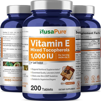 NusaPure Vitamin E 1000 IU 200 Tablets (Non-GMO, Gluten-Free) - Mixed Tocopherols