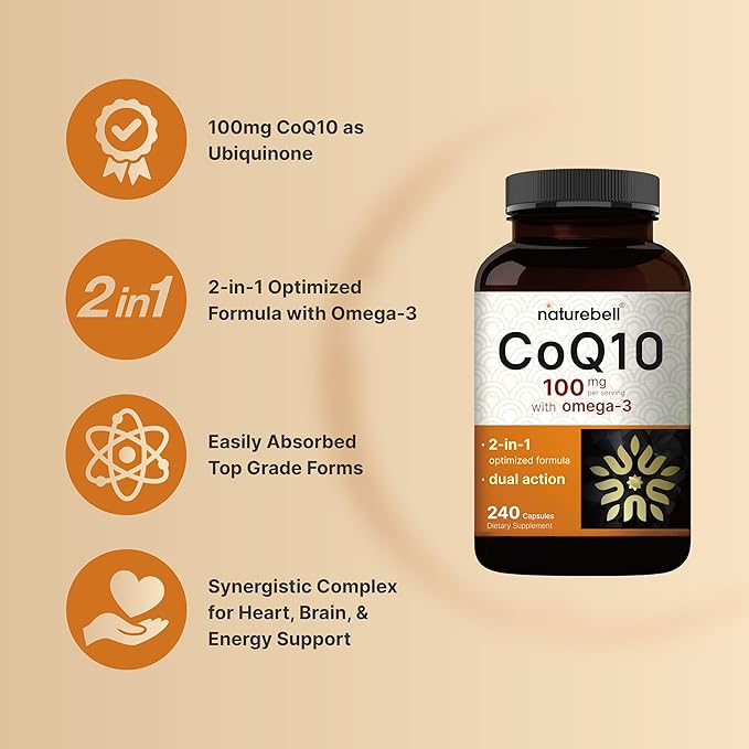 CoQ10 (Ubiquinone) 100mg with Omega 3 Fatty Acids, 240 Capsules | Stable High Absorption Form – Antioxidant Support for Heart & Energy Health – Extra Strength Coenzyme Q10 Supplement