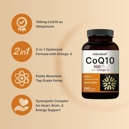 CoQ10 (Ubiquinone) 100mg with Omega 3 Fatty Acids, 240 Capsules | Stable High Absorption Form – Antioxidant Support for Heart & Energy Health – Extra Strength Coenzyme Q10 Supplement