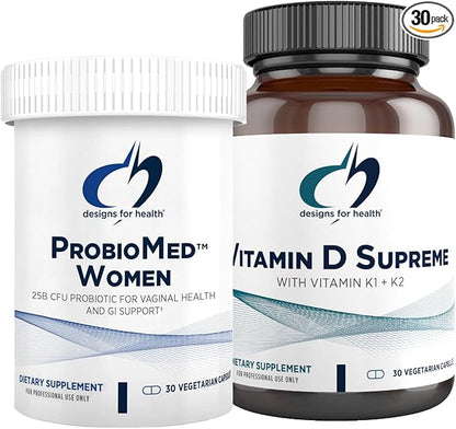 Designs for Health Vitamin D & Women's Probiotic Bundle - ProbioMed Women (30 Capsules) Gut Health & Vaginal Probiotic with Vitamin D Supreme (30 Capsules) with Vitamin K2 for Immune & Bone Health