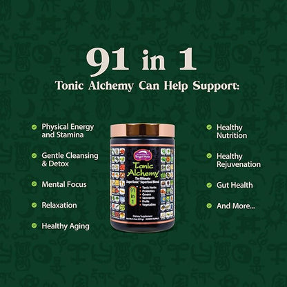Dragon Herbs Tonic Alchemy Superfood Greens Powder with 91 Ingredients: Tonic Herbs, Ashwagandha, Mushrooms, Probiotics, Super Greens, Seaweeds, Fruits, Vegetables, Spirulina - 30 Servings