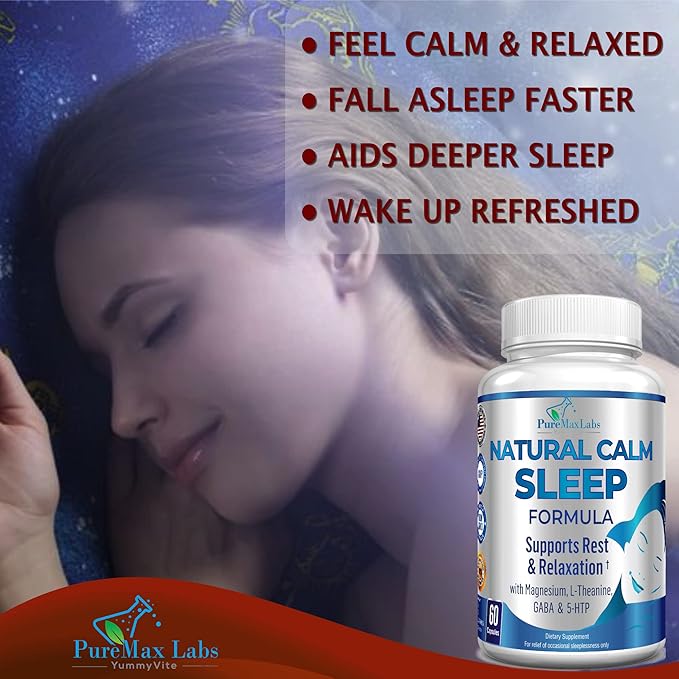 Natural Calm Sleep Aid with Magnesium, L-Theanine, Melatonin, GABA, 5-Htp | Sleep Aid | Non-GMO - 60 Capsules