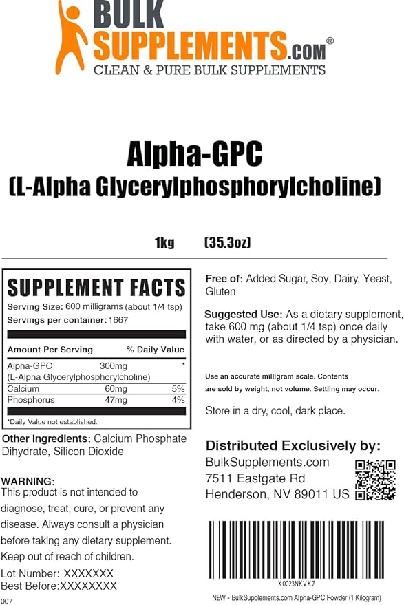BulkSupplements.com Alpha GPC Powder - Choline Supplements, Alpha GPC 300mg - Acetylcholine Supplements, Unflavored & Gluten Free, 600mg per Serving, 1kg (2.2 lbs) (Pack of 1)