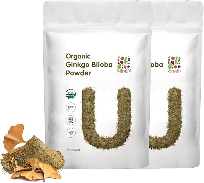 UNLEASH'D ORGANIC Organic Ginkgo Biloba Powder 2-Pack Supports Brain Function and Mental Alertness Vegan Friendly Raw and Non-GMO