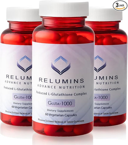 Relumins Advance Nutrition Gluta 1000 - Reduced L-Glutathione, Alpha Lipoic Acid & Rose HIPS - Antioxidant Support for Skin & Overall Wellness - 60 Veg Capsules x 3 Bottles (90-Day Supply)